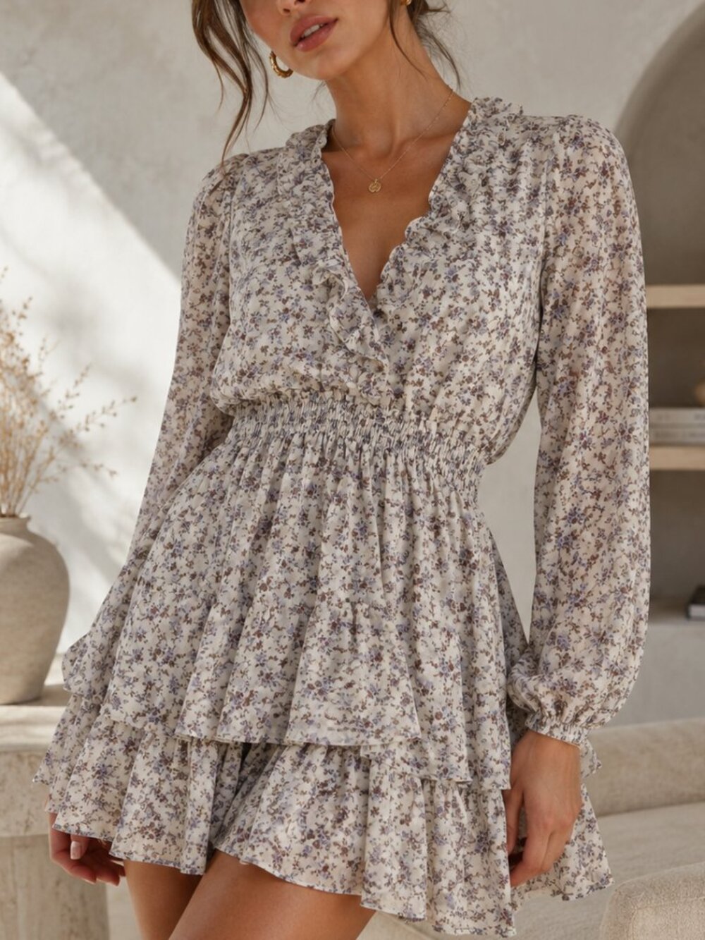 STORIA Floral Ruffle Mini Dress Size M Cottagecore Boho Long Sleeve Tiered Dress